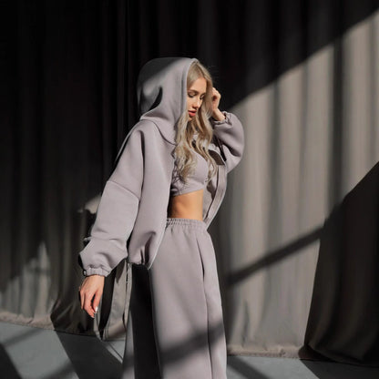 Damen Cropped Hoodie Lässig Elegant Grau