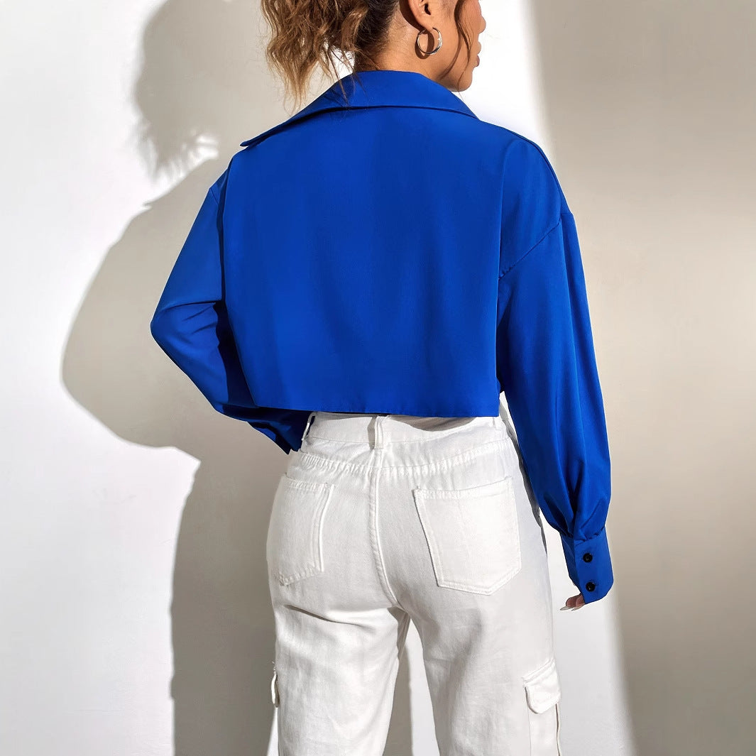 Damen Cropped Hemdjacke Puffärmel Modern Knöpfe