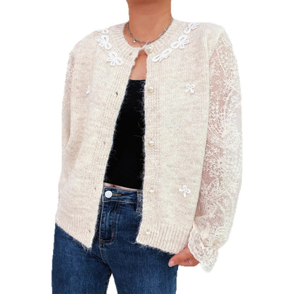 Damen Strickjacke Spitze Perlknöpfe Beige
