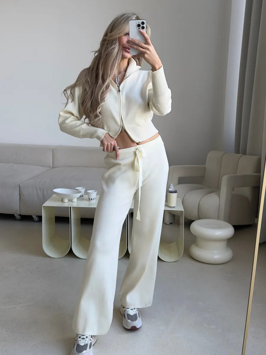 Damen Strick-Lounge-Set Cropped Oberteil Weite Hose Beige