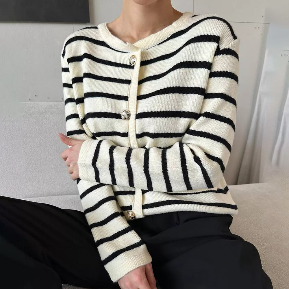 Damen Strickjacke Gestreift mit Knöpfen Eveloria