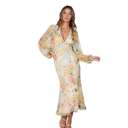 Damen Maxikleid Voluminöse Ärmel Dekorativ