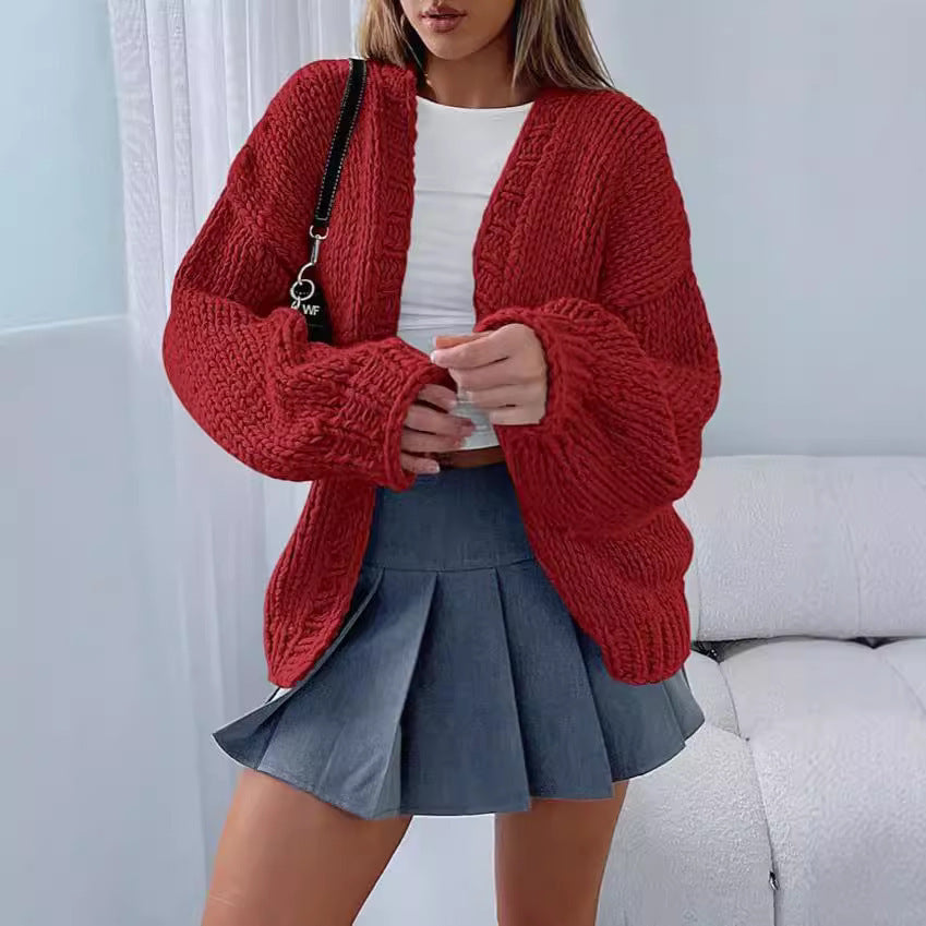 Damen Cardigan Weich Strick Voluminöse Ärmel Offene Front Beige