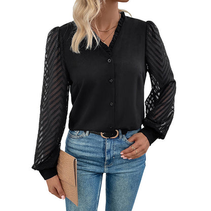 Damen Bluse Rüschendetails transparente Spitze Elegant