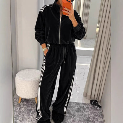 Damen Velours Jogginganzug Elastischer Bund Hochgeschlossener Kragen