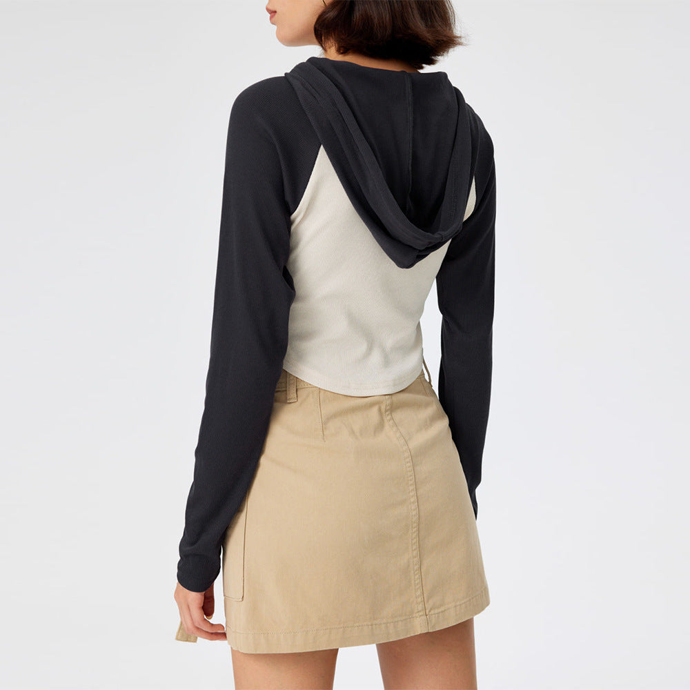 Damen Cropped Sportoberteil Kapuze Längsärmelig Eveloria