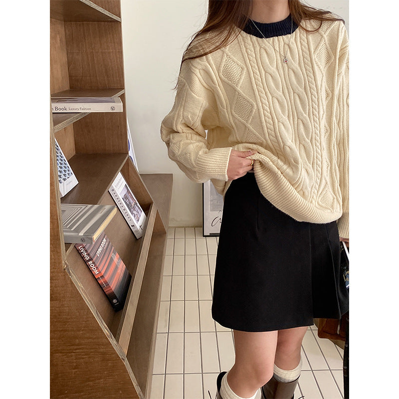 Damen Pullover Grobgestrickt Zopfmuster Eveloria