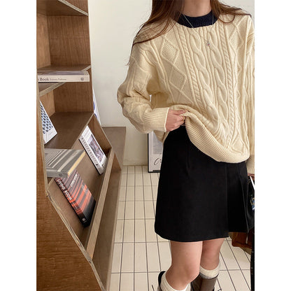 Damen Pullover Grobgestrickt Zopfmuster Eveloria