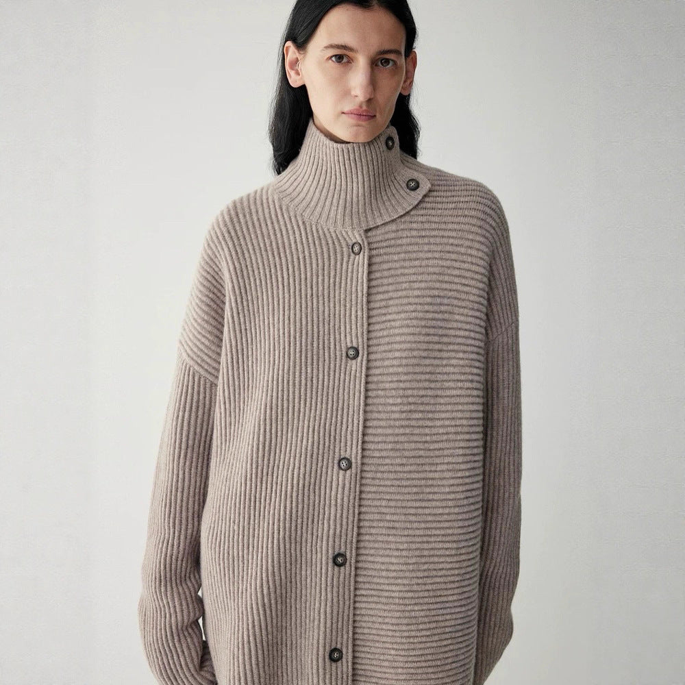 Damen Grobstrickcardigan Hochkragen Knopfleiste Beige - Eveloria