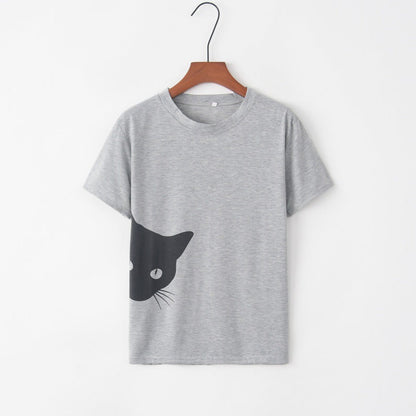 Damen T-Shirt Katzenmotiv Locker Passform Weiß