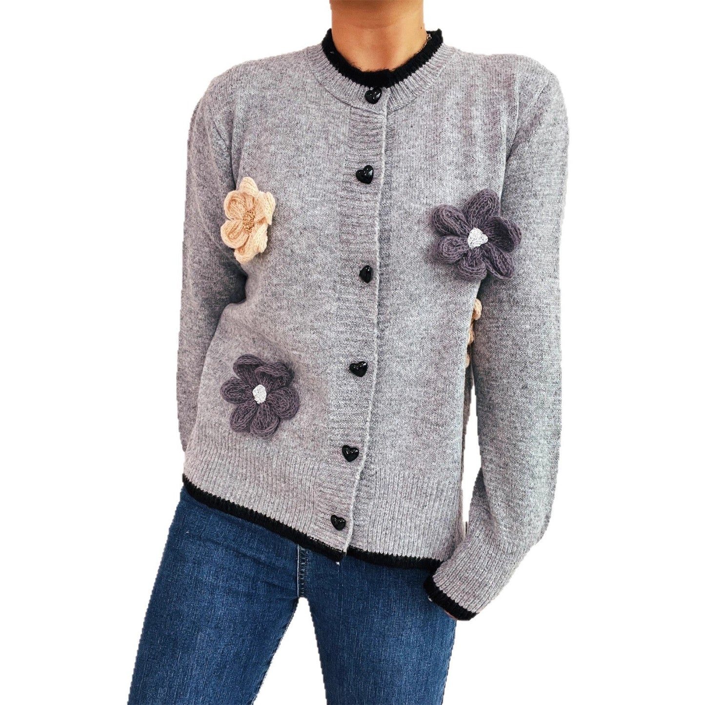 Damen Strickjacke Florale Applikationen Herzknöpfe