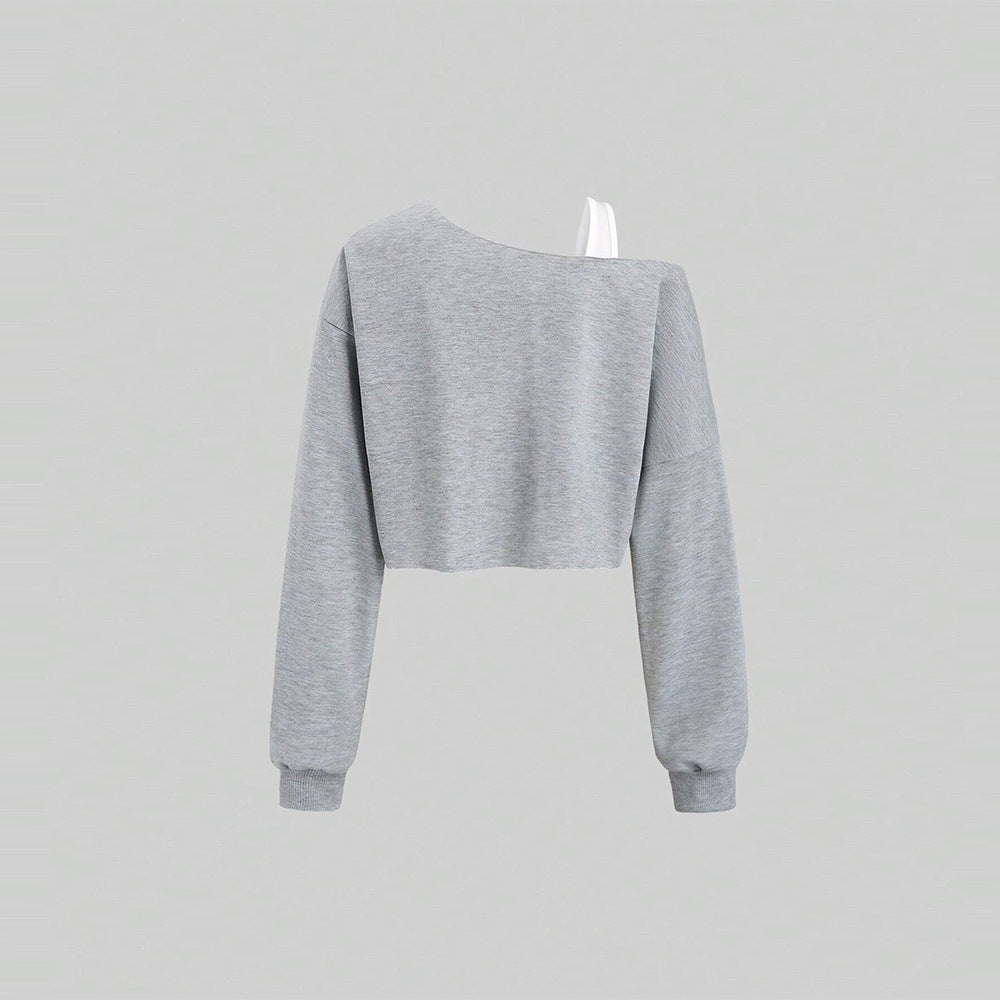 Damen Cropped Sweatshirt Asymmetrisch Voluminöse Ärmel Grau Eveloria