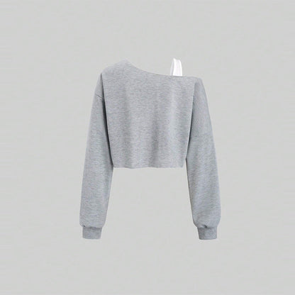 Damen Cropped Sweatshirt Asymmetrisch Voluminöse Ärmel Grau Eveloria