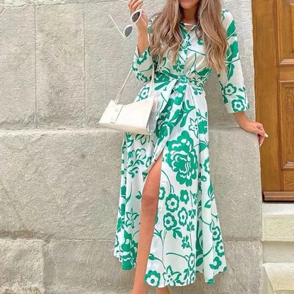 Damen Maxikleid Floralmuster Hochschlitz Eveloria