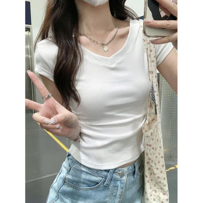 Damen T-Shirt V-Ausschnitt Figurbetont Weiss
