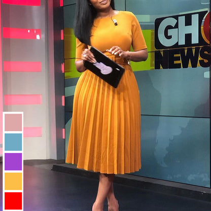 Damen Plissiertes Kleid mit Taillengürtel Kurzärmelig Eveloria - Eveloria