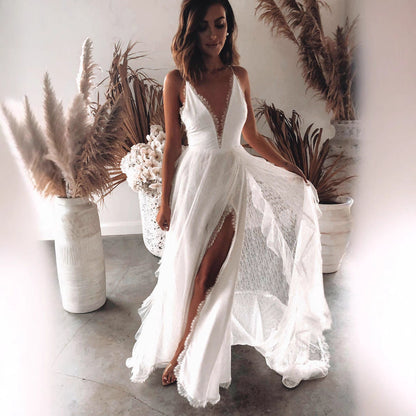 Damen Spitzenkleid V-Ausschnitt Volumöser Rock Eveloria