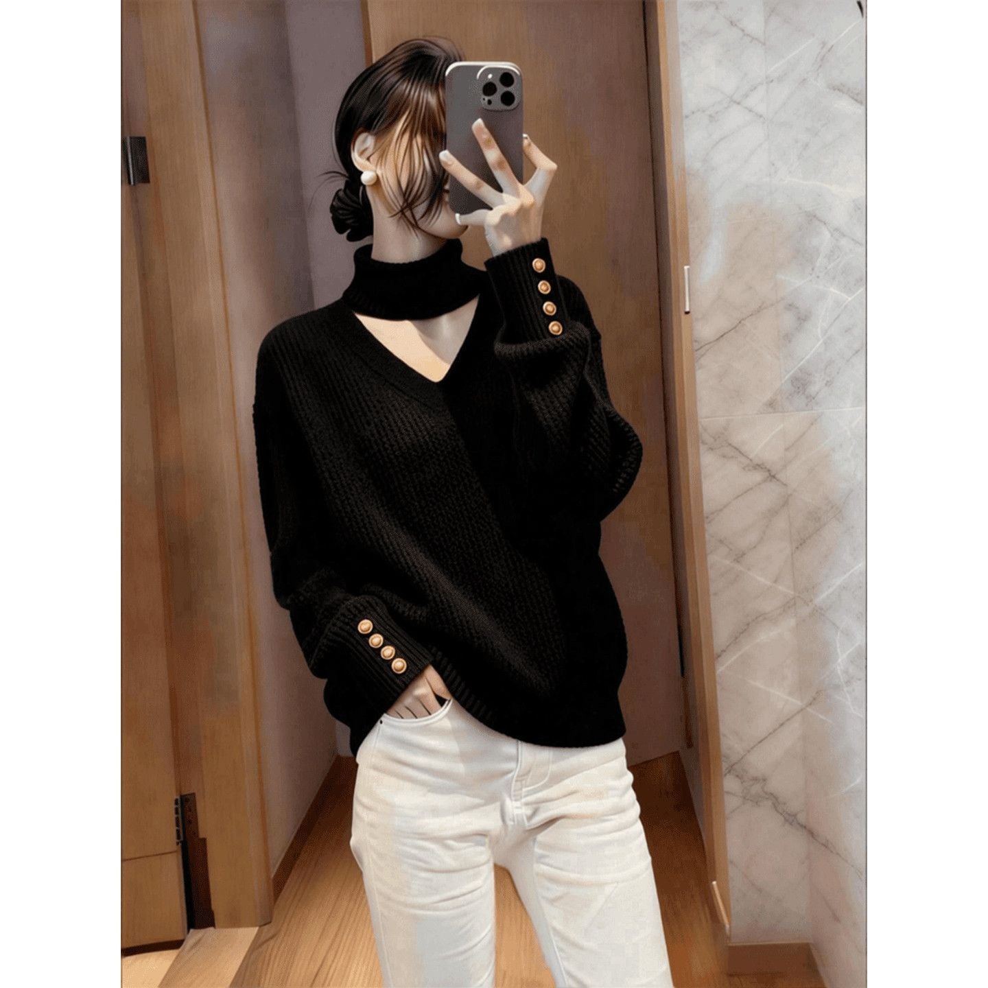 Damen Strickpullover Rollkragen Knöpfe Eveloria