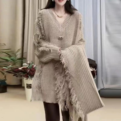 Damen Grobstrickpullover V-Ausschnitt Französischer Look