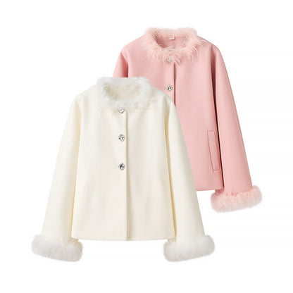 Damen Kurzjacke Kunstfellkragen Knöpfe Eveloria