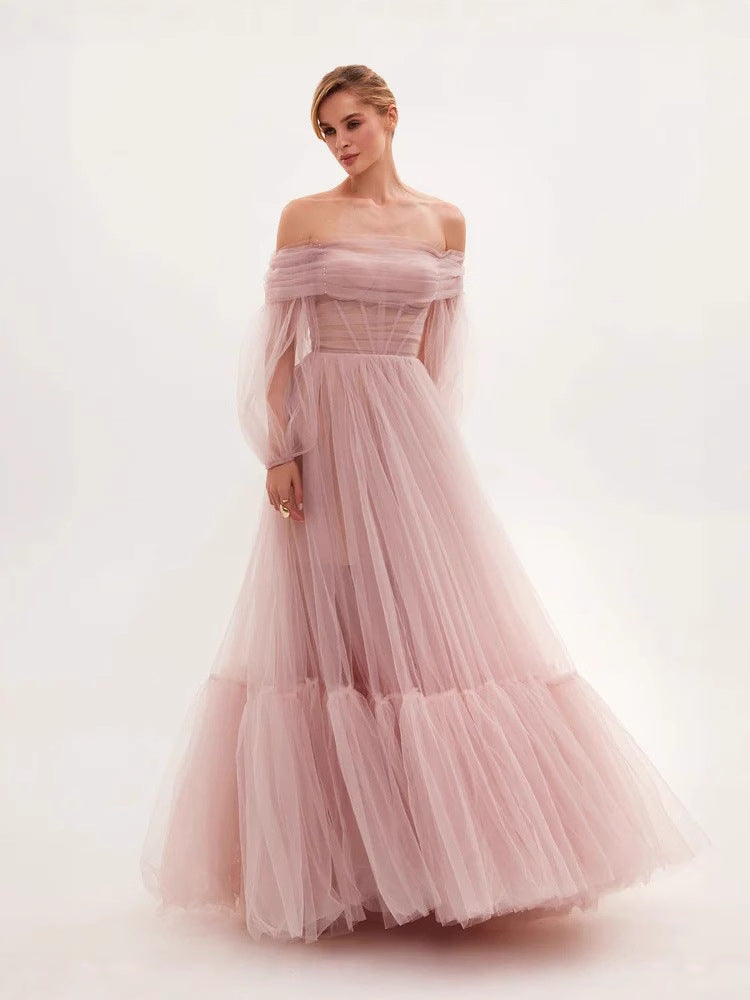 Damen Cocktailkleid Tüll Schulterfrei Voluminöse Ärmel Eveloria
