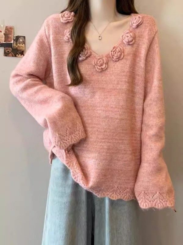 Damen Strickpullover Groß Floral Eveloria
