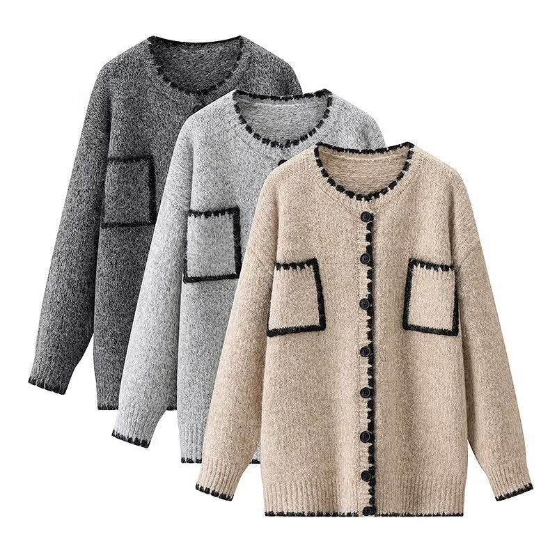 Damen Strickjacke mit Taschen Kontrastdetails Eveloria - Eveloria