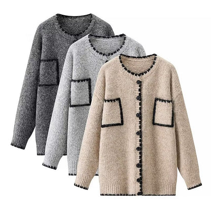 Damen Strickjacke mit Taschen Kontrastdetails Eveloria - Eveloria