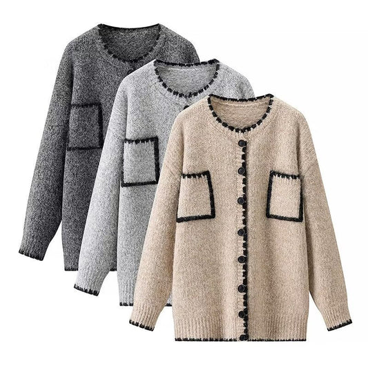 Damen Strickjacke mit Taschen Kontrastdetails Eveloria - Eveloria
