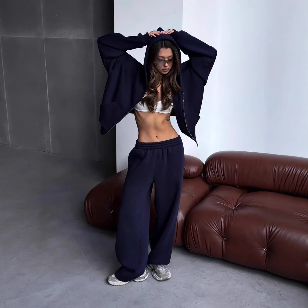 Damen Oversize-Jacke mit Reißverschluss und weiten Hosen Schwarz - Eveloria