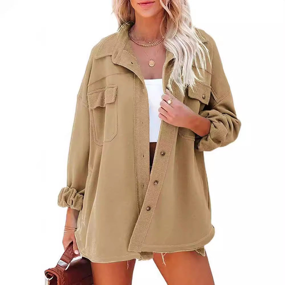 Damen Oversized-Hemdjacke aus Baumwolle mit Taschen und modernem