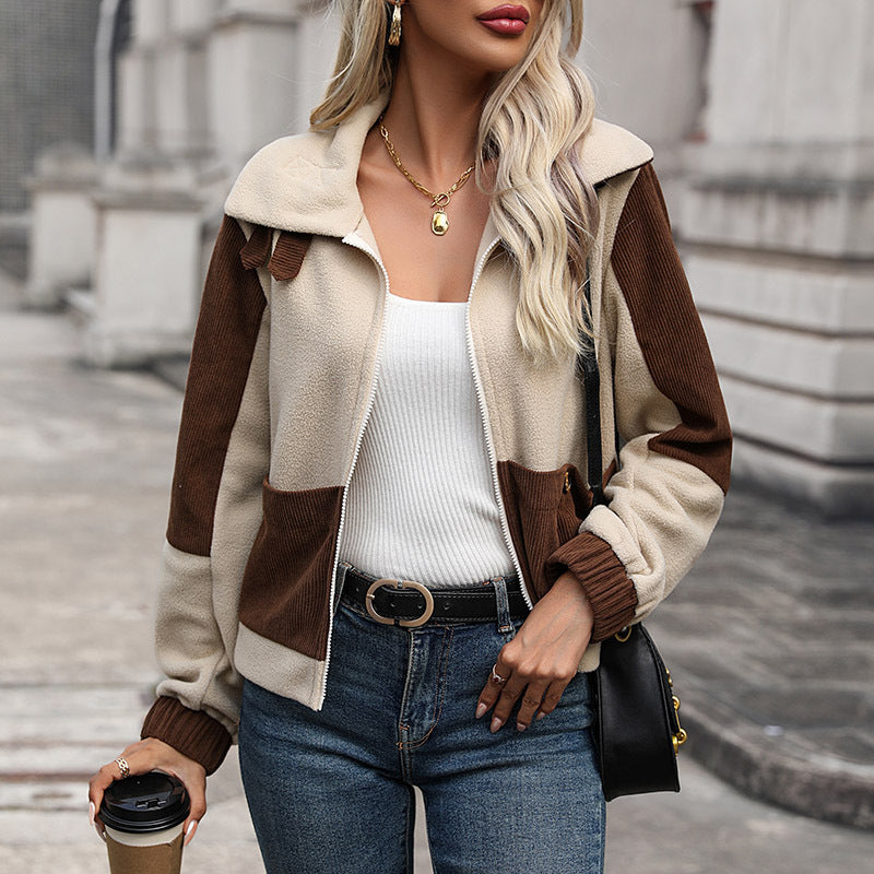 Damen Fleecejacke Abnehmbare Kapuze Kontrastdetails