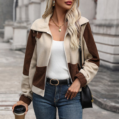 Damen Fleecejacke Abnehmbare Kapuze Kontrastdetails