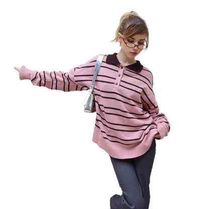 Damen Strickpullover Gestreift Polokragen Eveloria