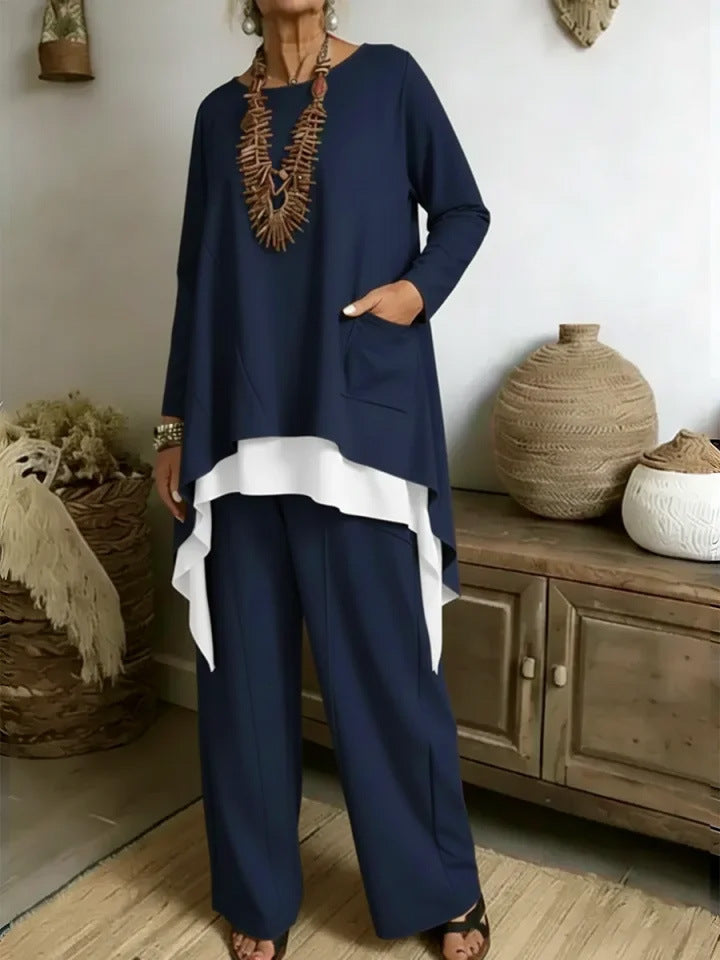 Damen Ensemble Asymmetrisches Oberteil Weite Hose Eveloria