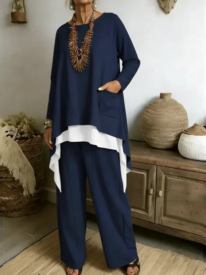 Damen Ensemble Asymmetrisches Oberteil Weite Hose Eveloria