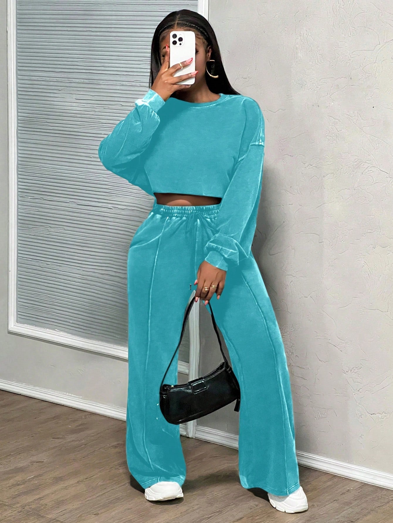 Damen Cropped Loungewear-Set Weites Hosenbein Hochwerder Bund Eveloria