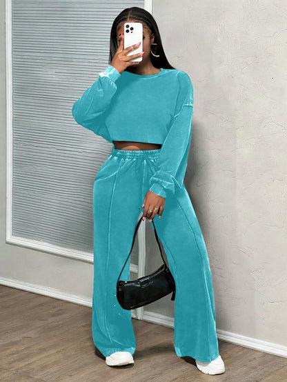 Damen Cropped Loungewear-Set Weites Hosenbein Hochwerder Bund Eveloria
