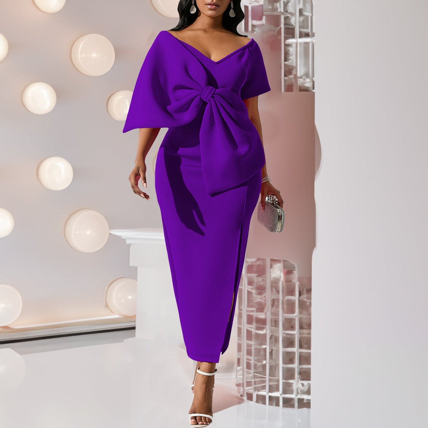 Damen Kleid Figurbetont Voluminöser Schleifen-Detail