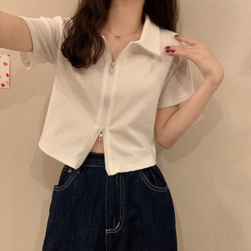 Damen Poloshirt Cropped Reißverschluss Strukturierter Stoff Eveloria