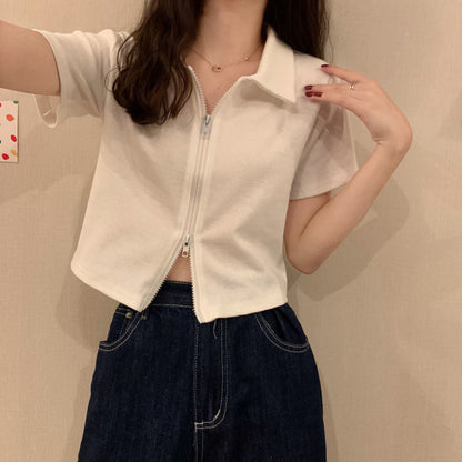 Damen Poloshirt Cropped Reißverschluss Strukturierter Stoff Eveloria