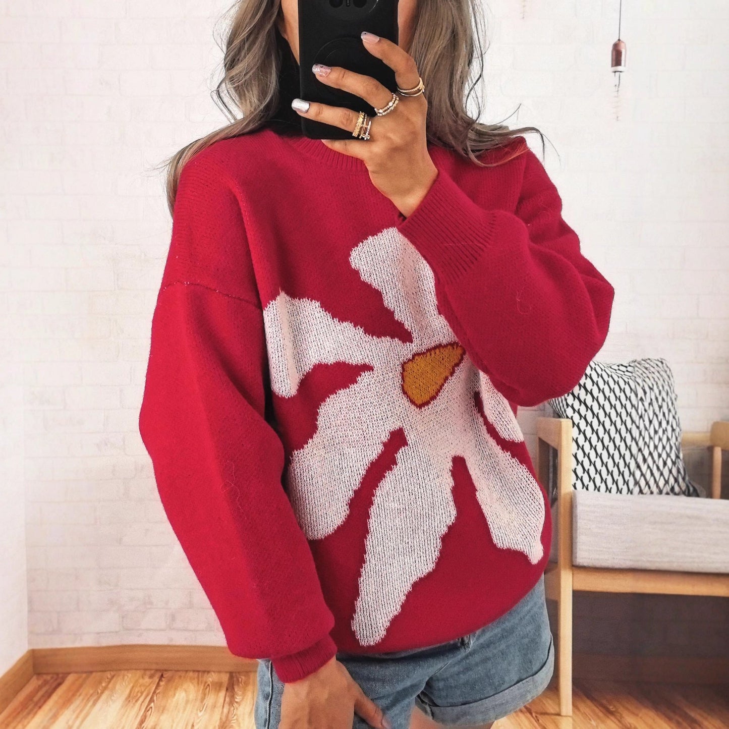 Damen Strickpullover Bunt Blumenmotiv Überschnittene Schultern - Eveloria