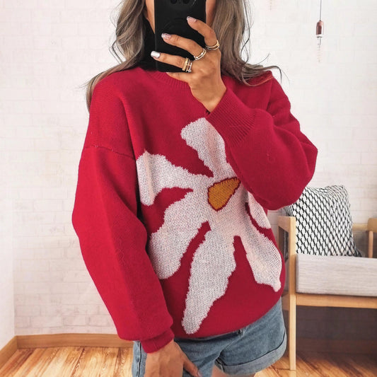 Damen Strickpullover Bunt Blumenmotiv Überschnittene Schultern - Eveloria