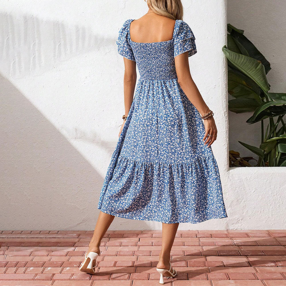 Damen Midi-Kleid Floralmuster Luftige Puffärmel Eveloria