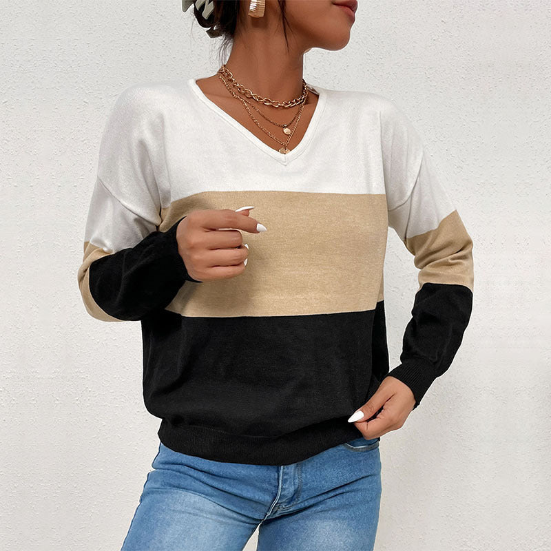 Damen Pullover V-Ausschnitt Farbblock-Design Eveloria