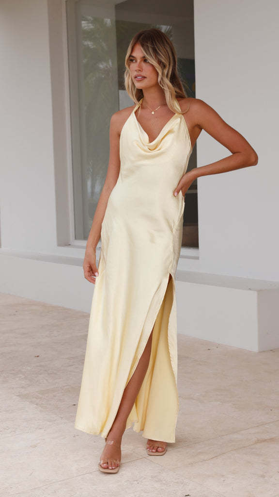 Damen Satin Maxikleid Tiefes Dekolleté Seitenschlitz Eveloria