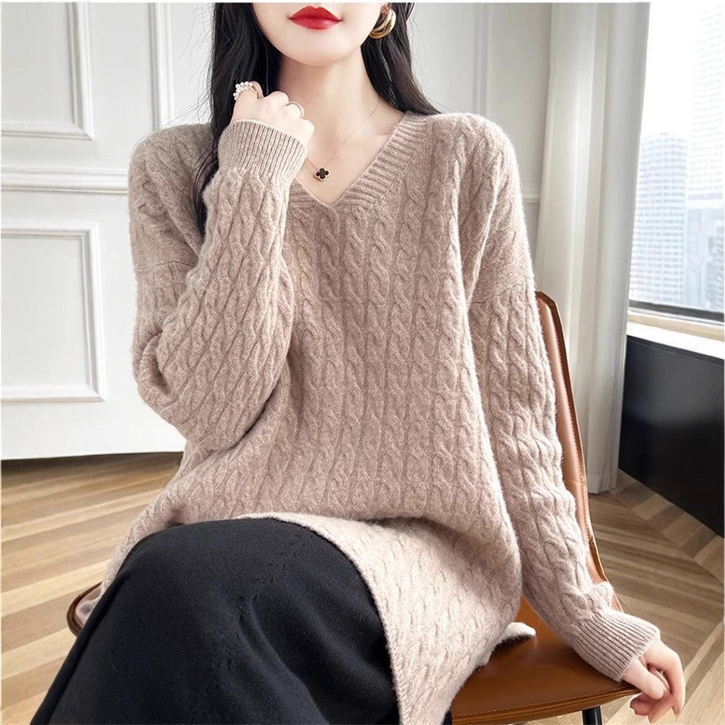 Damen Grobstrickpullover V-Ausschnitt Strukturierter Look Eveloria