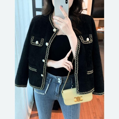 Eveloria Damen Bouclé-Jacke Perlenbesatz Elegantes Design