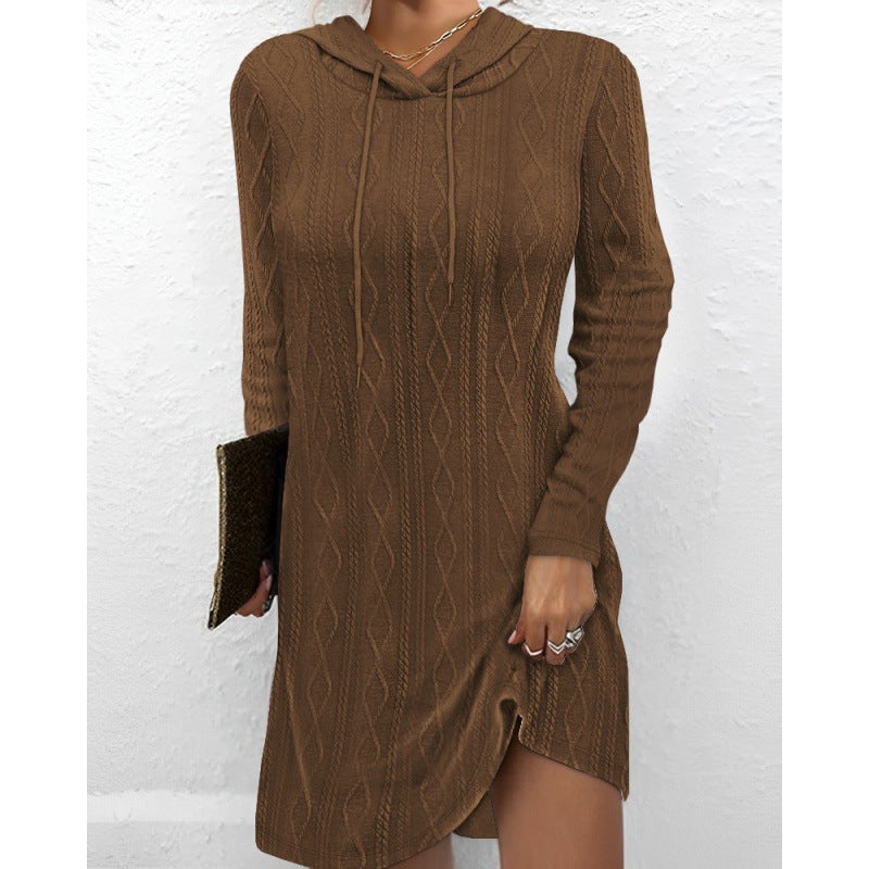 Damen Strickkleid Kapuze Struktur Muster Anthrazit