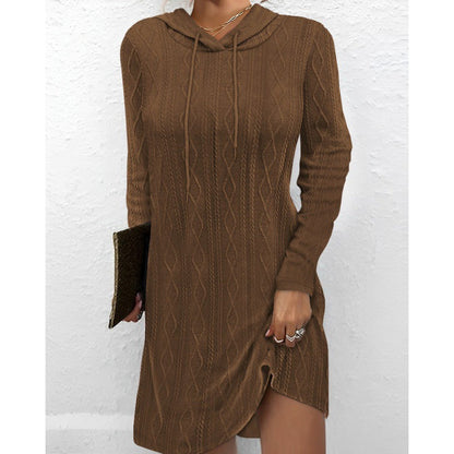 Damen Strickkleid Kapuze Struktur Muster Anthrazit